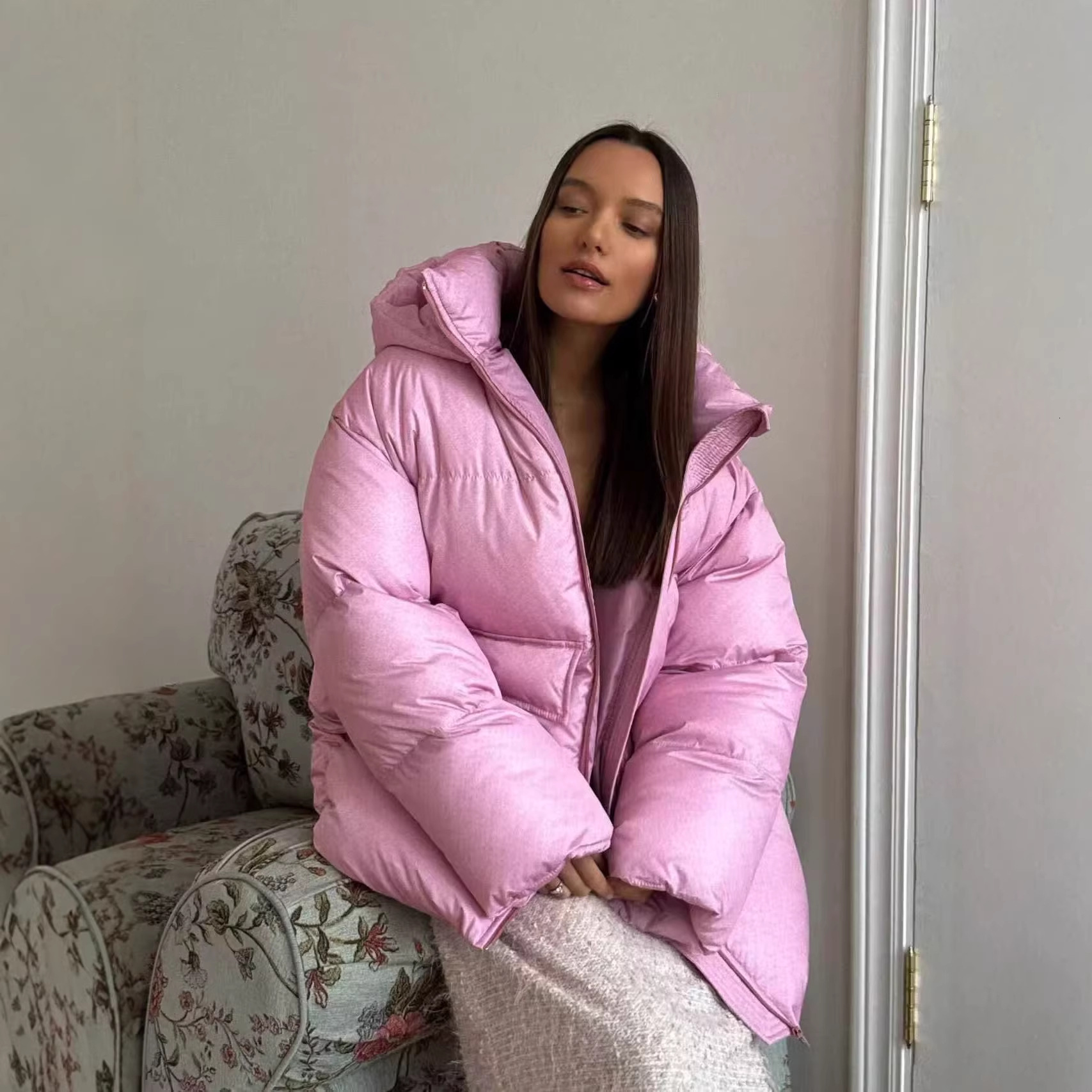 Women Oversized Hooded Puffer Coat, Shiny Loose Quilted Padded Jacket, Big Pocket Warm Mid Length Outerwear For Fall Winter Casual Daily Wear