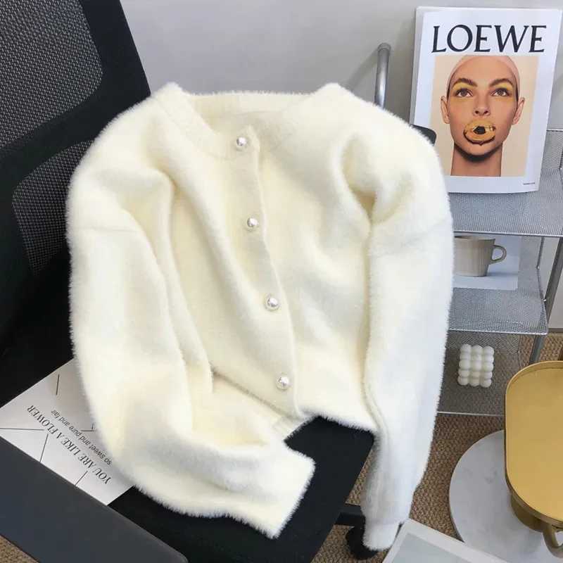 Korean Simple O-neck Single-breasted Imitation Mink Velvet Knitted Sweater 2023 Casual Loose Soft Pearl Buttons Cardigan Women X260916