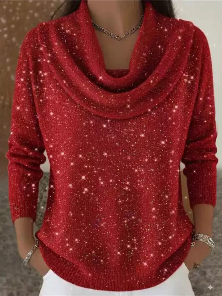 Fashion Sequins Knit Sweater For Women Casual Pile Collar Long Sleeve Pullover Sweaters Tops Lady Holiday Party Women's Clothing 260917