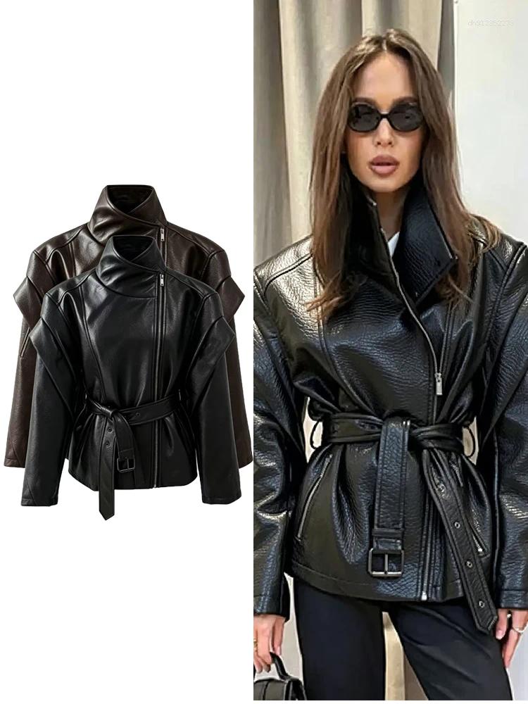 Women's Leather Short Jacket Spring Autumn Stand Collar Side Zipper Loose Fit Stylish PU Outerwear Ladies Streetwear