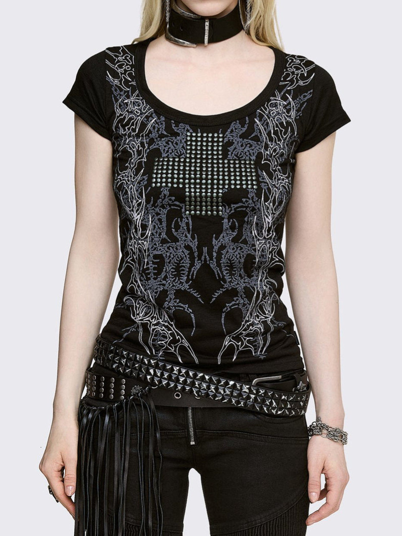 Short-sleeved printed T-shirt with rhinestone embellishments, women's 2026 new spring collection, a stylish and unique layering piece, slim-fit