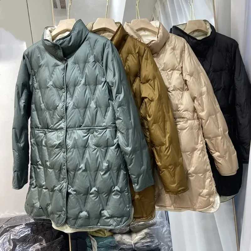 2024 New Arrivals Women Double Sided Thin Puffer Jacket Stand Collar White Duck Down Coat Female Ultra Light Mid-Long Parkas H260917