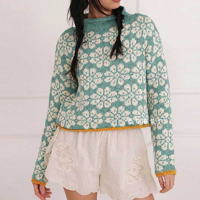 Long Elegant Sleeve O-neck Warm Jumpers Fashion Casual Women Commute Crochet Tops Autumn Winter New Floral Print Knitted Sweater J260916