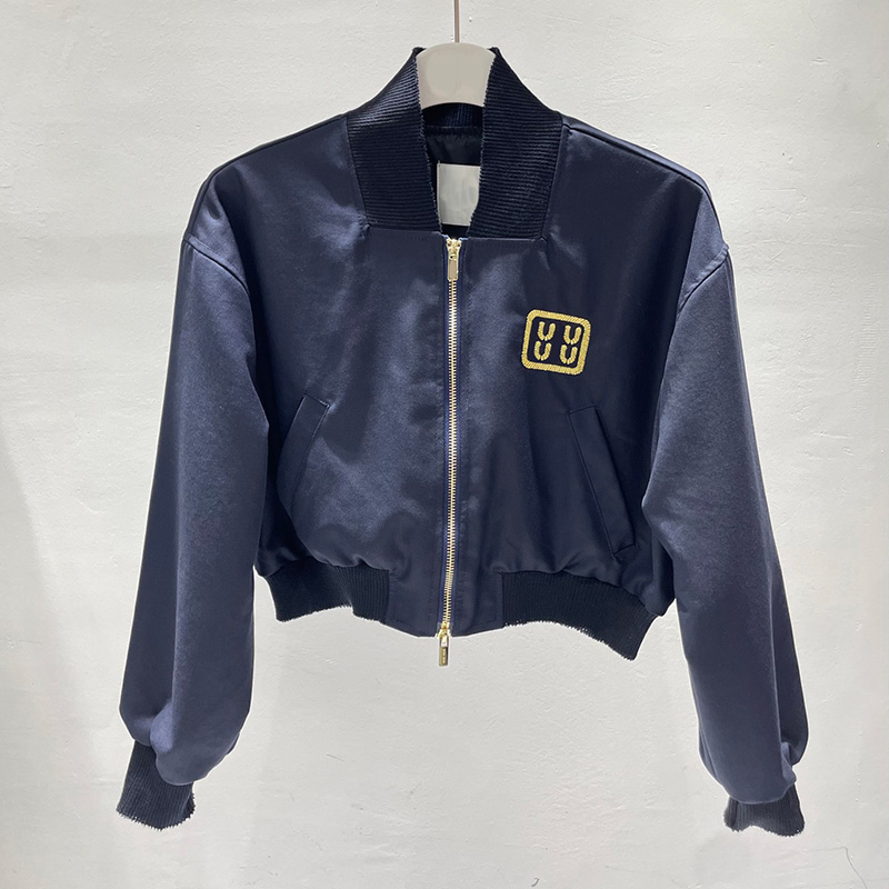 Luxury Women Blue Crop Jacket Designer Embroidered Double Zipper Stand Collar Coat Autumn Brand Street Trendy Jackets