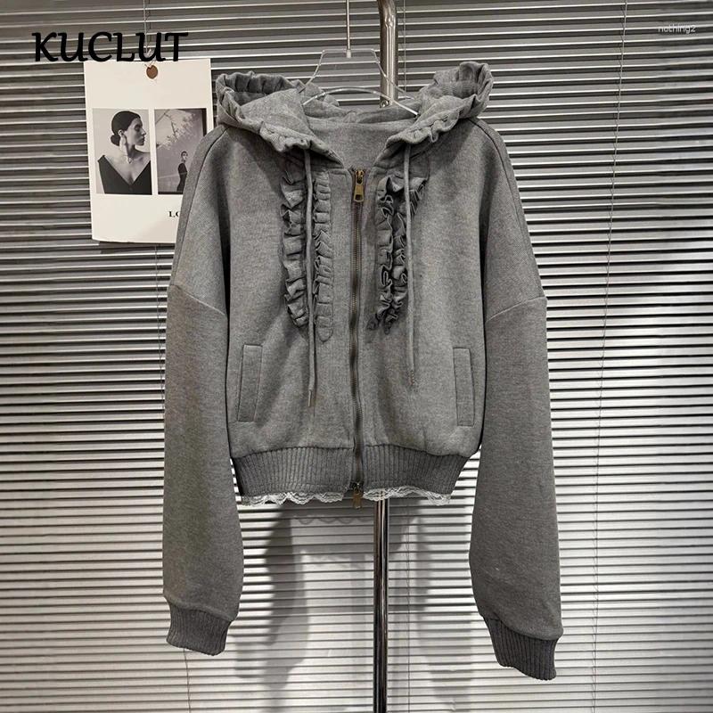 Women's Hoodies KUCLUT 2026 Autumn Fashion Ruffled Hooded Short Jacket For Women Lace Patchwork Zipper Loose Sweatshirt Female 1A4216