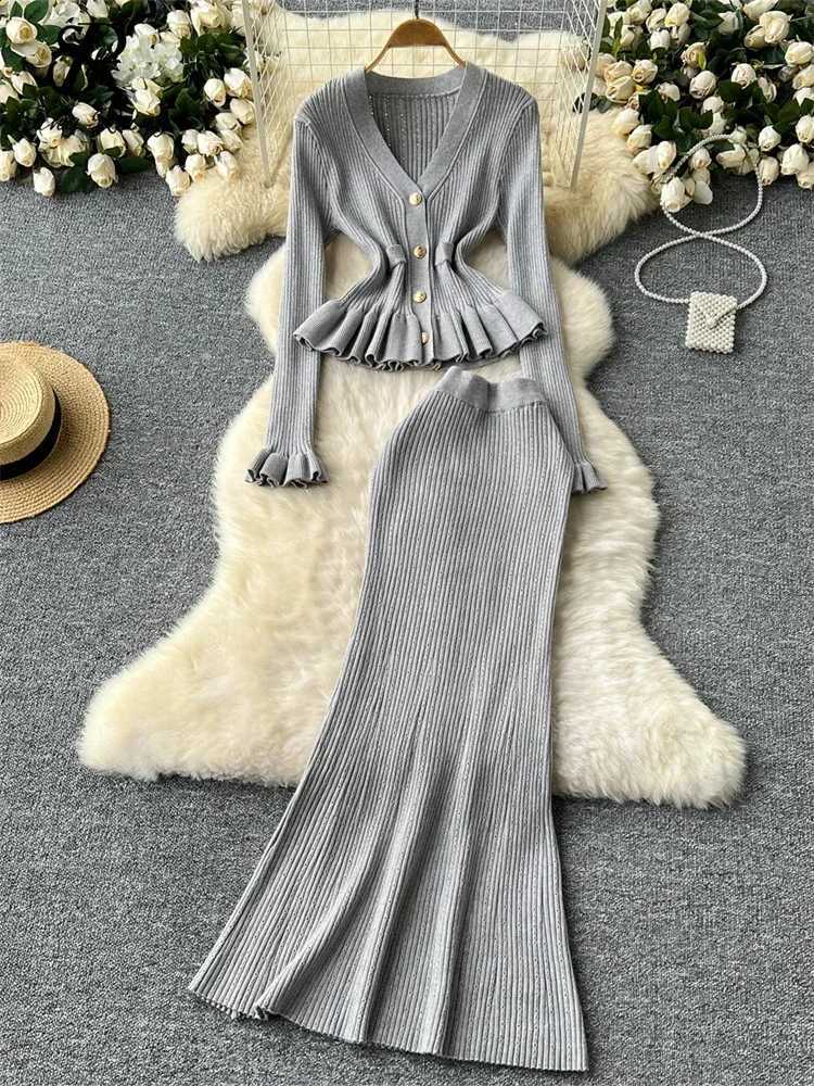 2 Autumn Korean Gentle Sweater Piece Set Women Solid V-Neck Cardigan + High Waist Long Skirt Female Knitted Slim Elegant SuitsW260915