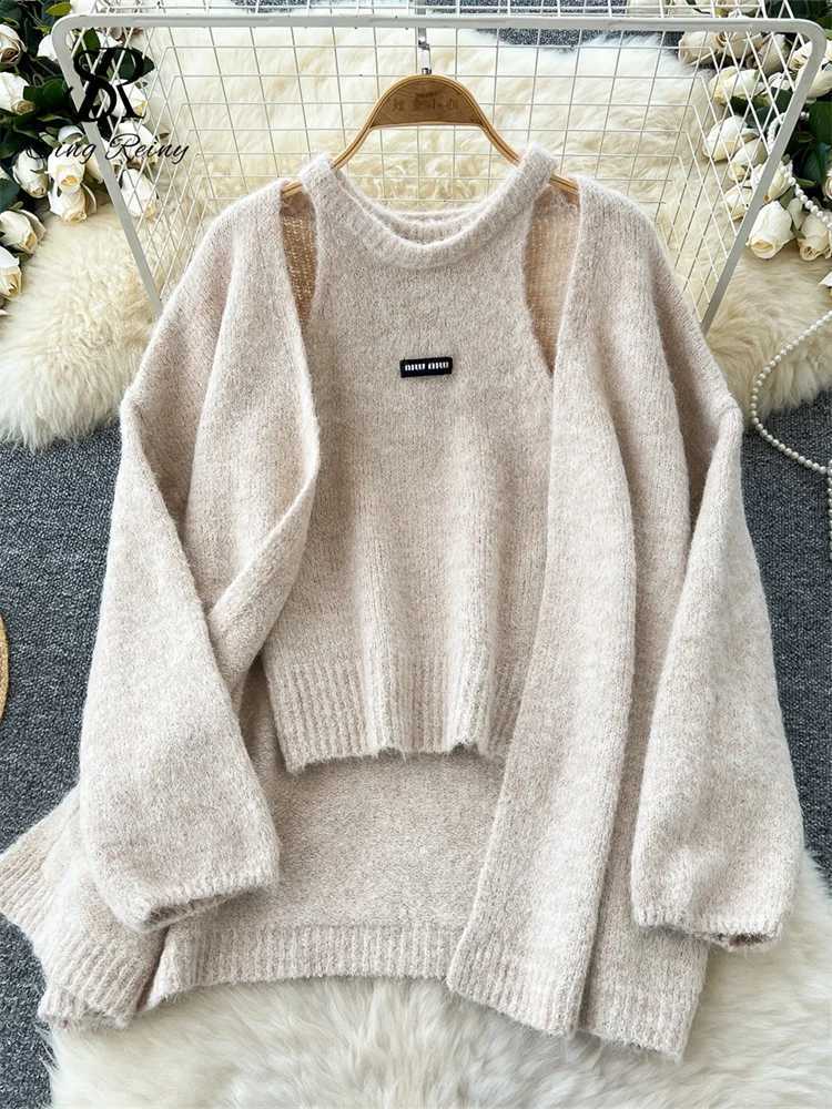 Sweater SINGREINY Cashmere Fashion Solid Long Sleeves Loose Warm Cardigan+Sleeveless Knitting Tank Top Winter Gentle Casual TopsW260915