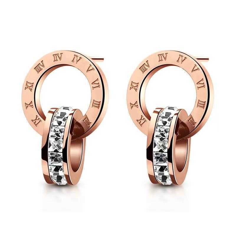 rome simple letters stud earrings 18K rose gold stainless steel retron vintage ear rings earring earing with shining crystal zircon jewelry S2609175