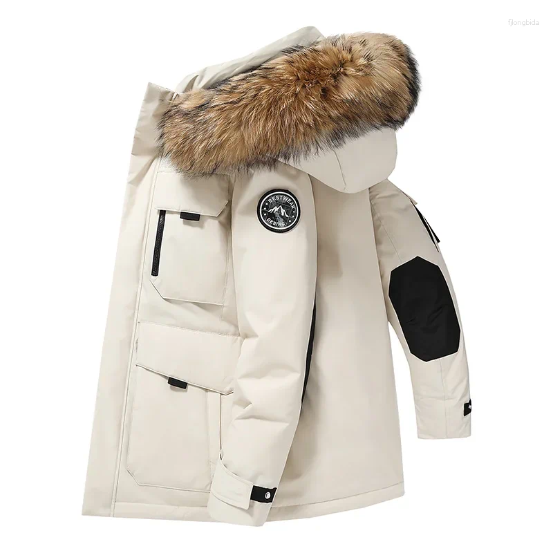 Men's Down Cold Resistant Big Fur Collar Parkas White Duck Loose Thick Hooded Clothes Winter Men Outdoor Sports