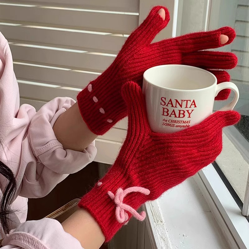 Autumn winter cycling warm and stylish fingerless gray knitted gloves with a bow, suitable for female students, cute Korean style