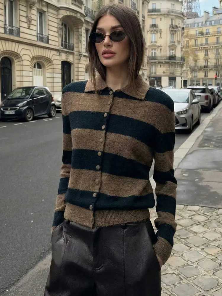 Striped HH Women Fashion Knitted Cardigan Single Breasted Long Sleeve Polo Collar Sweater 2026 Spring Trend Chic Knitted Tops J260916