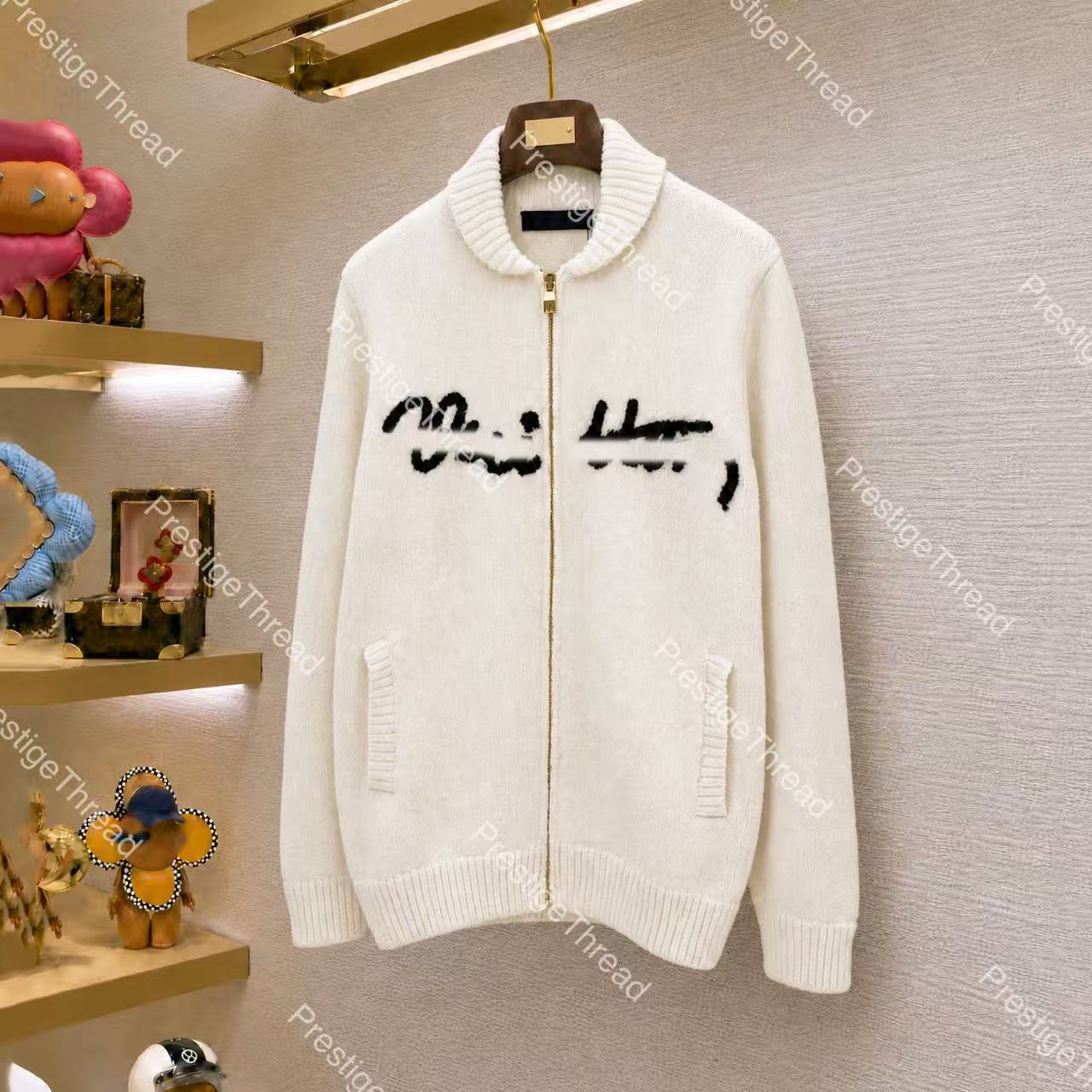Handwritten Letter Collared Zip Knit Cardigan Designer Men's Sweater with Letter Embroidery