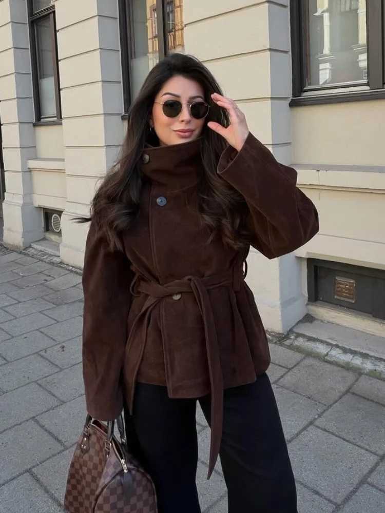 Faux Suede Brown Windproof Outerwear High Collar Buttons Short With Waist Tie Belt Loose Jacket Women Fall Winter Warm Coat New C260917