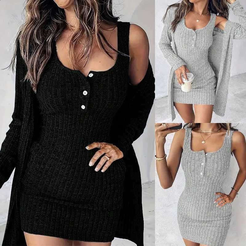 Knit Two Women Piece Dress Sets Mini Dresses Tank Warp Hip Slim Fit Solid Spliced Long Cardigan Full Sleeve Skinny Autumn 2026 C260917