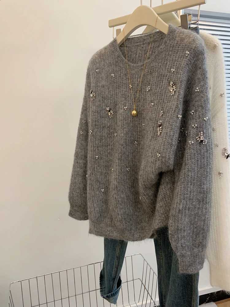 Industry Beads with Heavy Gray Pullover Loose Sweater Lazy High-end Women's Knitted Sweater Top J260916