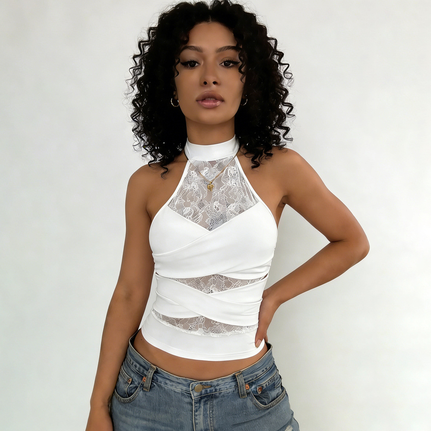 Cross-border sexy and alluring lace patchwork hollow-out high-neck crisscross backless casual solid color design top 65