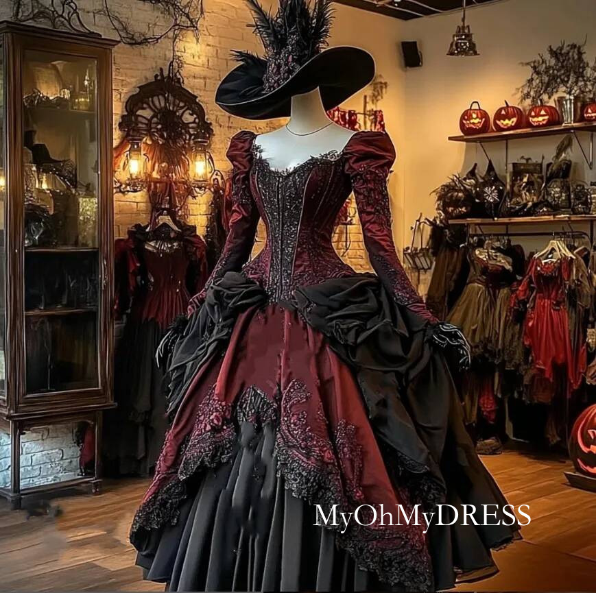 Vintage Victorian Corset Prom Dresses Ruched Burgundy And Black Gothic Masquerade Ball Gowns Queen Halloween Special Occasion Dress Long Sleeves Flo