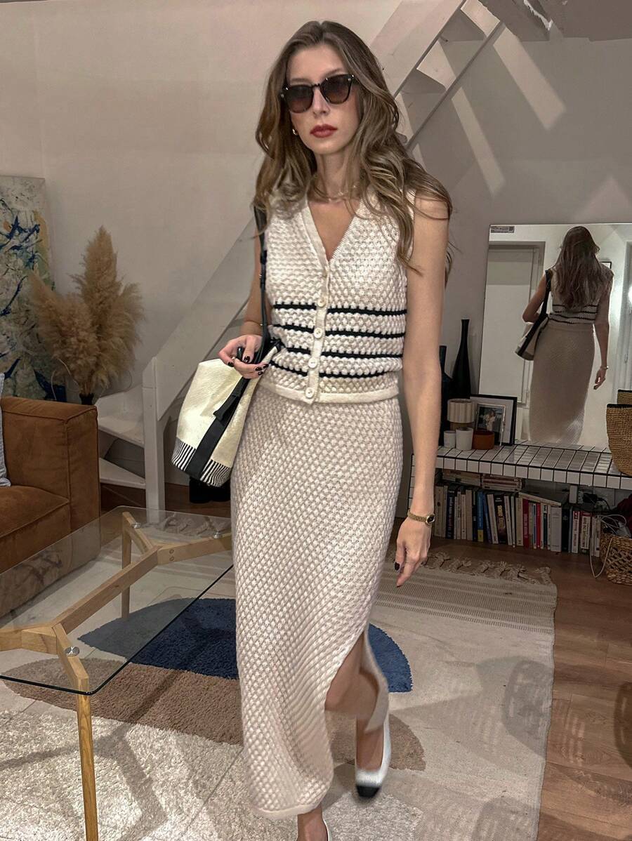 European American 2026 new women's hollow-out striped single-breasted vest and knitted skirt set, 2-piece outfit 16