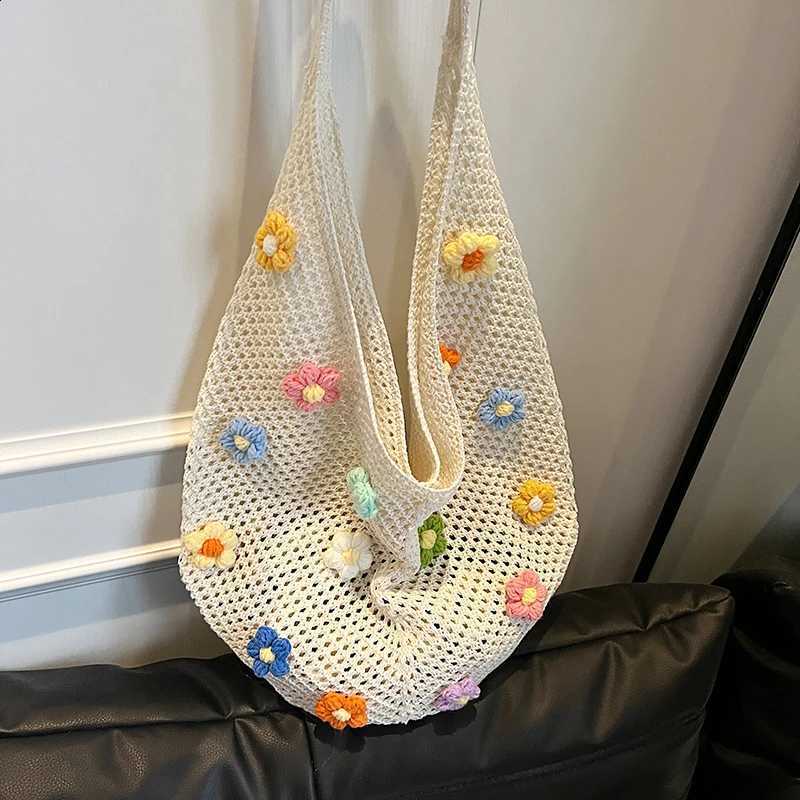 Women's Large Capacity Knitted Tote Handbag Hollow Summer Solid Color Aesthetic Hobo Bag for Daily Use Ladies H260916