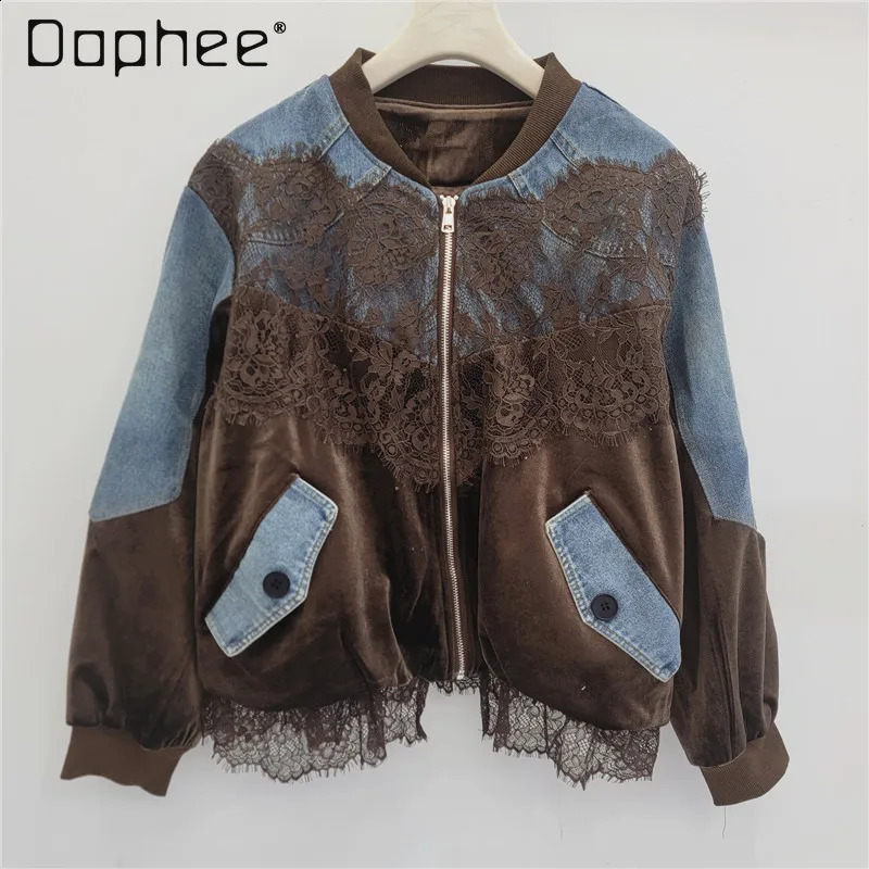 Spring Fashion Stitched Lace Loose Velvet Denim Jacket Trendy Personality Street Casual Versatile Baseball Jackets Women 260917