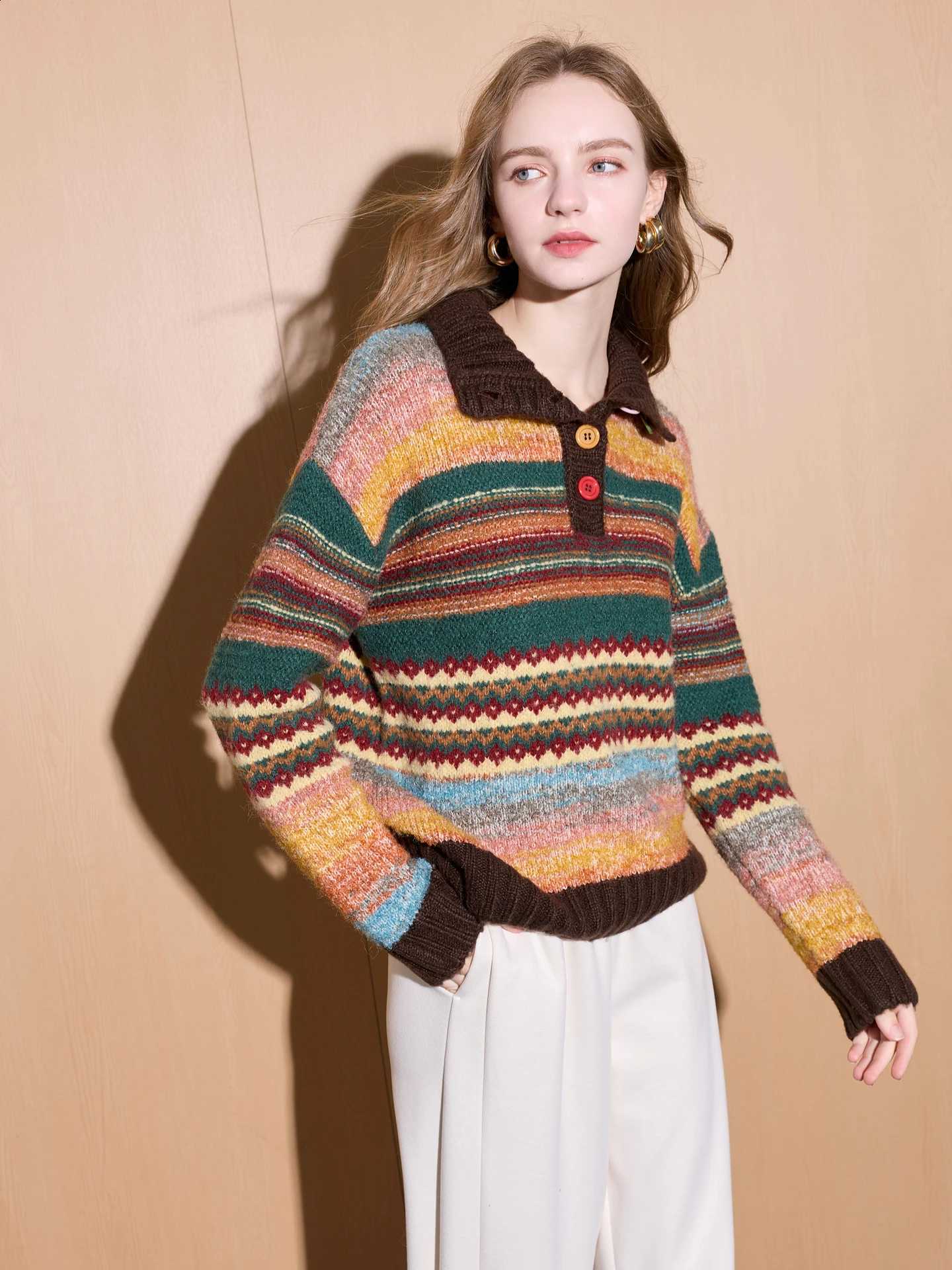 Girls Winter Sweater Fall Rainbow Striped Long Sleeves Turn Down Neck 2026 New Women Sweaters J260916