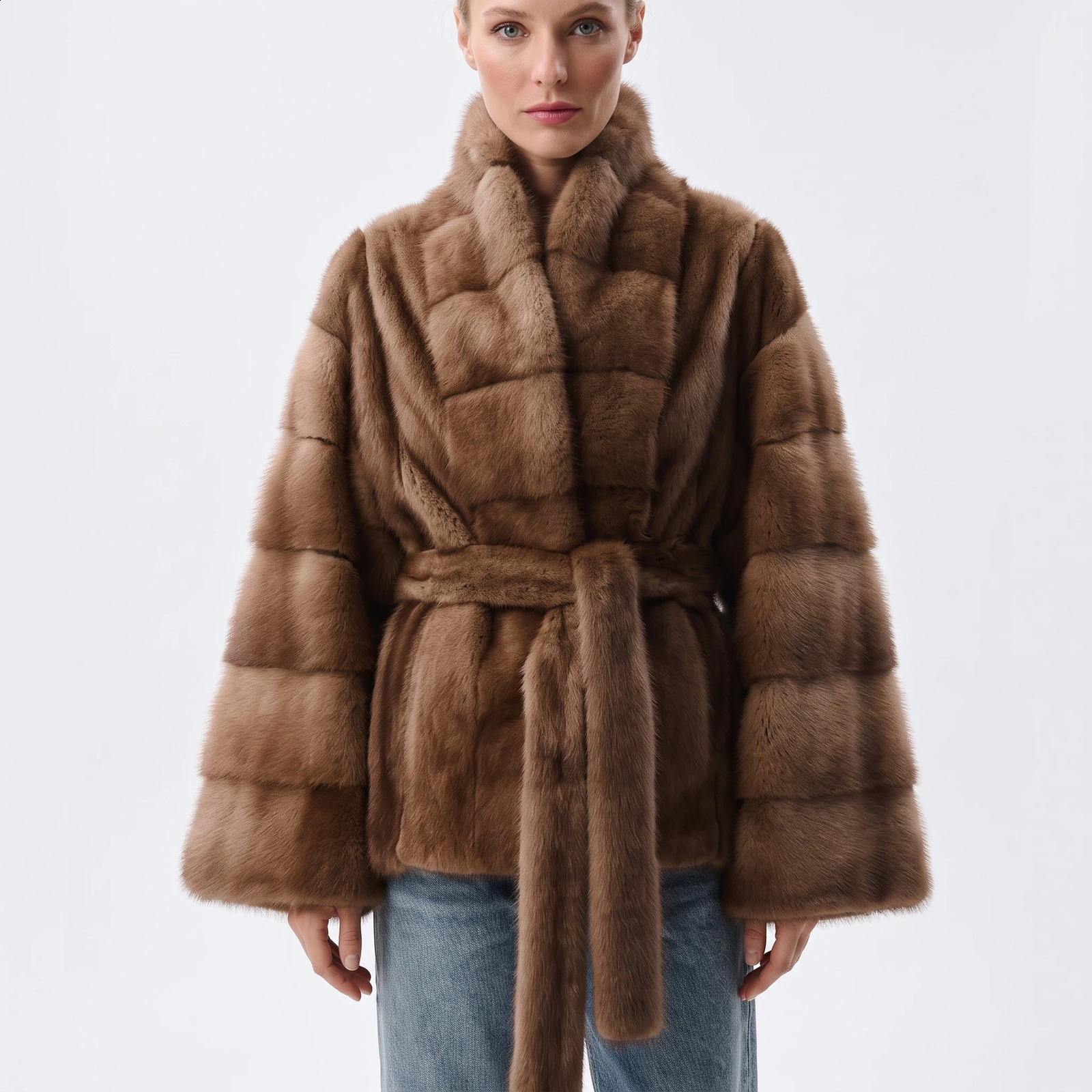 IG 2026 Women Stand Collar Belted Waist Faux Mink Fur Jacket Loose Long Sleeve y Elegant Winter Party Daily Outer Coat 260917
