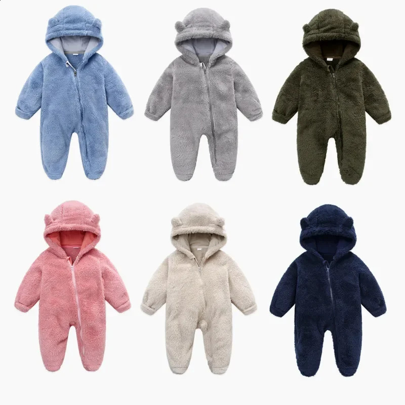 0-12M Baby Plush Warm Jumpsuits Boys Girls Long Sleeve Hooded Zipper Romper born Infant Fall Winter Clothes260916