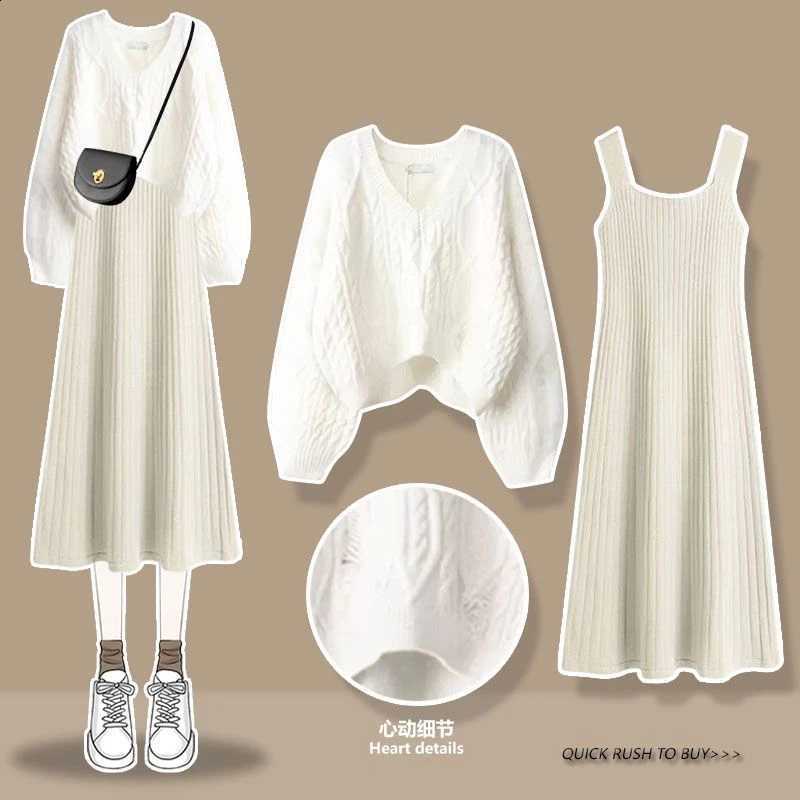 Autumn Winter Sweater Tank Women Dress Two Piece Set 2024 New Korean Lady Casual Simple Knit Pullover Sleeveless Dresses OutfitsW260917