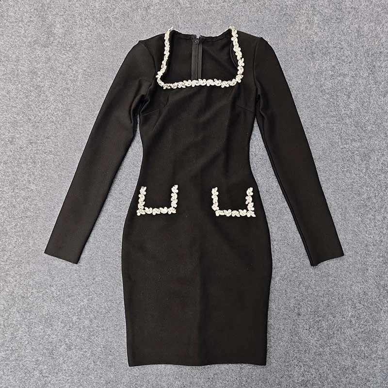 Dresses Red black Woman Elegant Diamond Square Neck Long Sleeved Slim Fit Dresses Fashion Birthday Dress Woman Cocktail Dress C260917