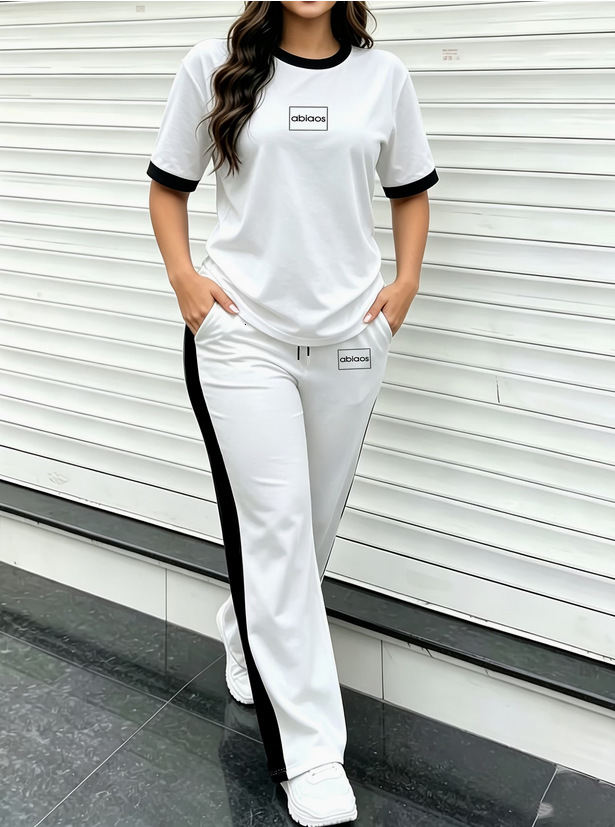 Designer Women's summer fashion casual queen-style fresh and simple short-sleeved top and loose long pants set