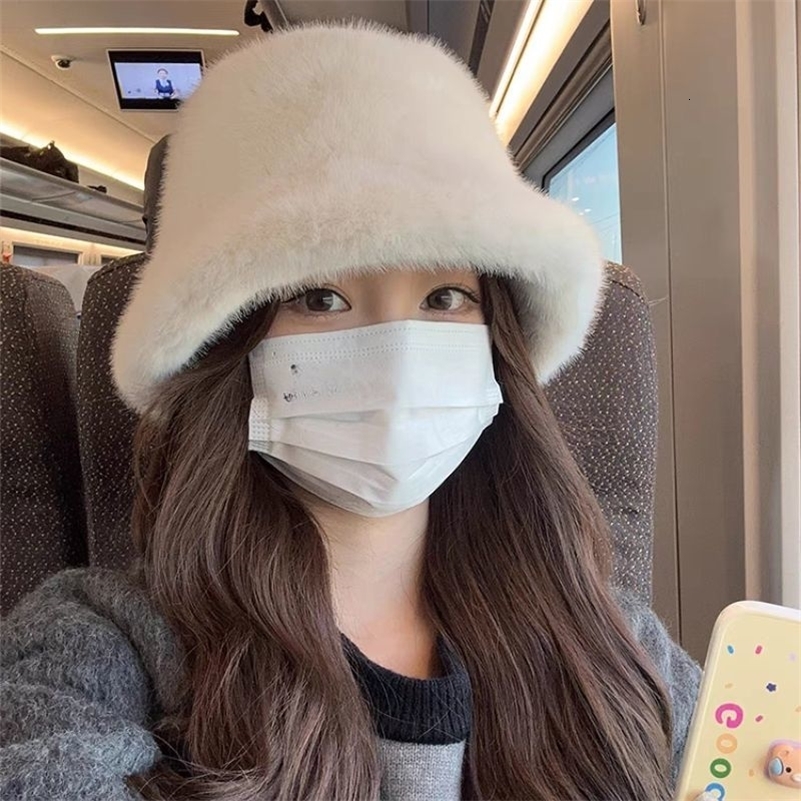 Y2k Fluffy Warm Thick Plush Bucket Hats Women Rabbit Fur Warm Faux Fur Winter Hat Grils Ins Fashion Furry Panama Fisherman Cap260915ww