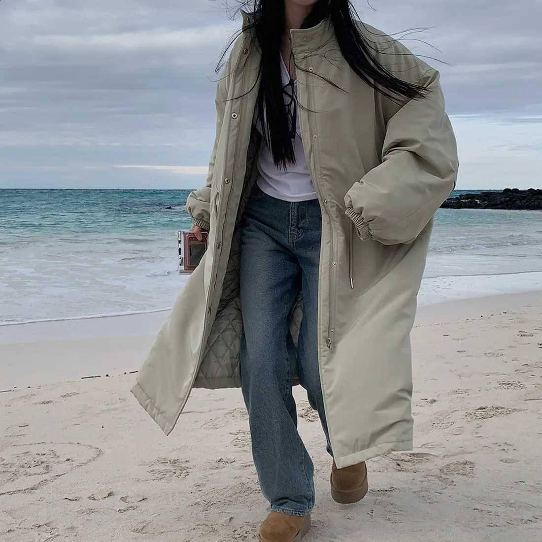 Women Stand Collar Long Quilted Cotton Coat Two Color Oversize Drop Shoulder Windproof Zipper Warm Casual Padded Jacket H260917
