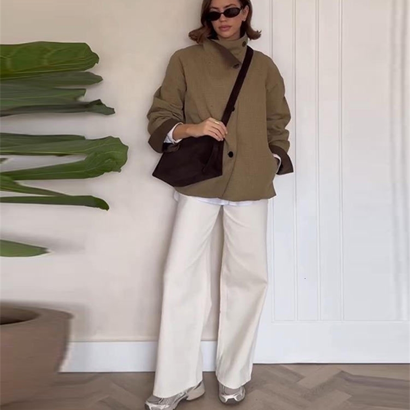 Grid Doublesided Jackets Coat Women Stand Collar Single Breasted Elegant Loose Outerwear Female Spring Chic Casual Jackets Top 260916