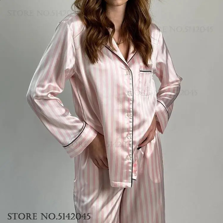 Pink Stripe Long Sleeve Pajamas Trouser Suits Fashion Female Lounge Wear Pijamas Set Spring Autumn Satin Sleepwer Home Clothes 260916