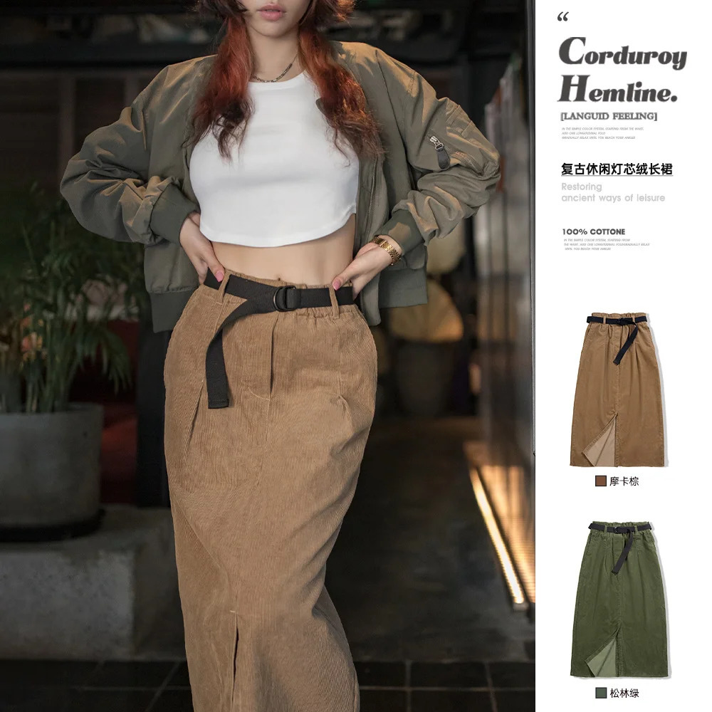 Maden Womens Vintage Corduroy Skirts Autumn And Winter Cotton Wash Pencil Long Skirt Aline Hight Waist Sashes Bottoms 260917