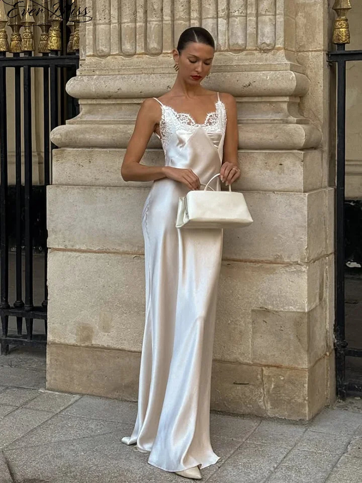 Women Sexy V-neck Satin Sling Maxi Dresses Chic White Lace Patchwork Sleeveless Backless Slim Gowns Summer Evening Party Dress 260917