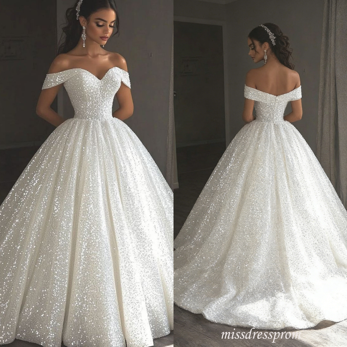 Luxury Off Shoulder Sparkly Sequin Ball Wedding Dress 2026 Long Train Bridal Gowns Plus Size Vestido De Novia Custom Made 917