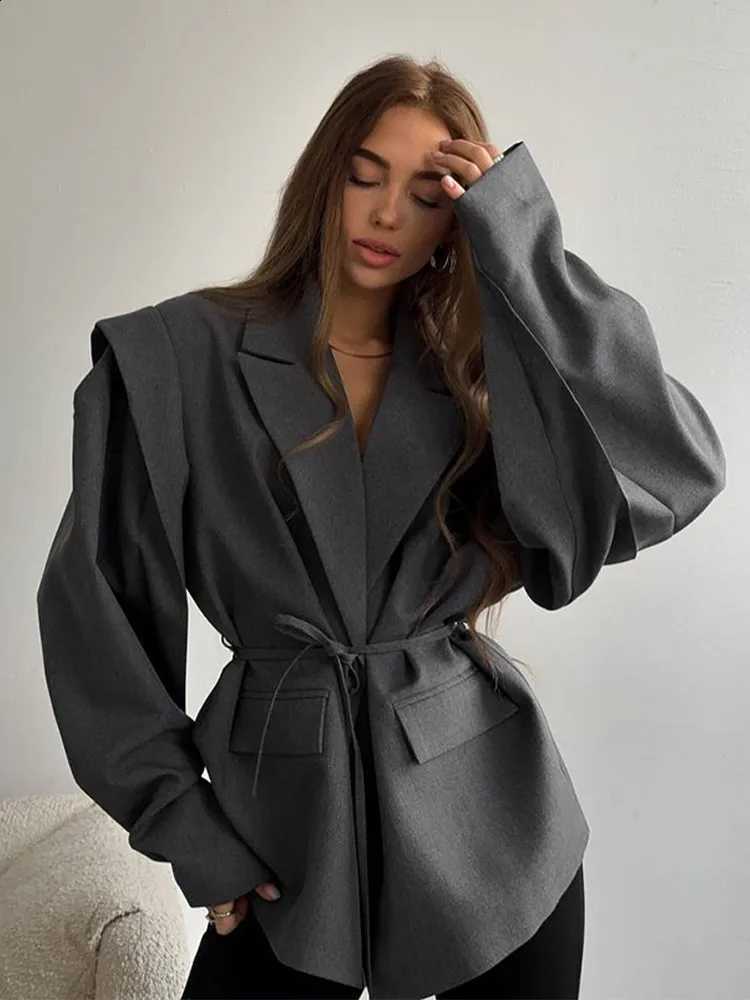 Lapel Fashion Solid Oversize Color Blazer Suit Chic Long Sleeve Lace Up Single Breasted Lady Shoulder Pads Chic Outerwear D2609091