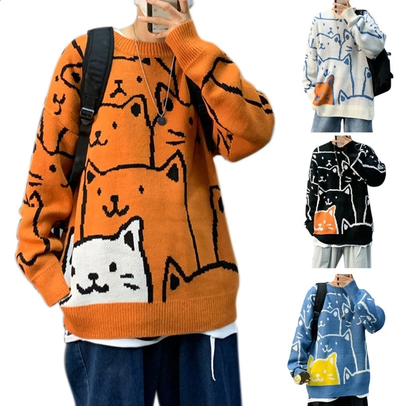 Men Long Sleeve Sweater Harajuku Cartoon Cat Printed Pullover Top Hip-Hop Oversized Loose Knitwear Round Neck Streetwear260916