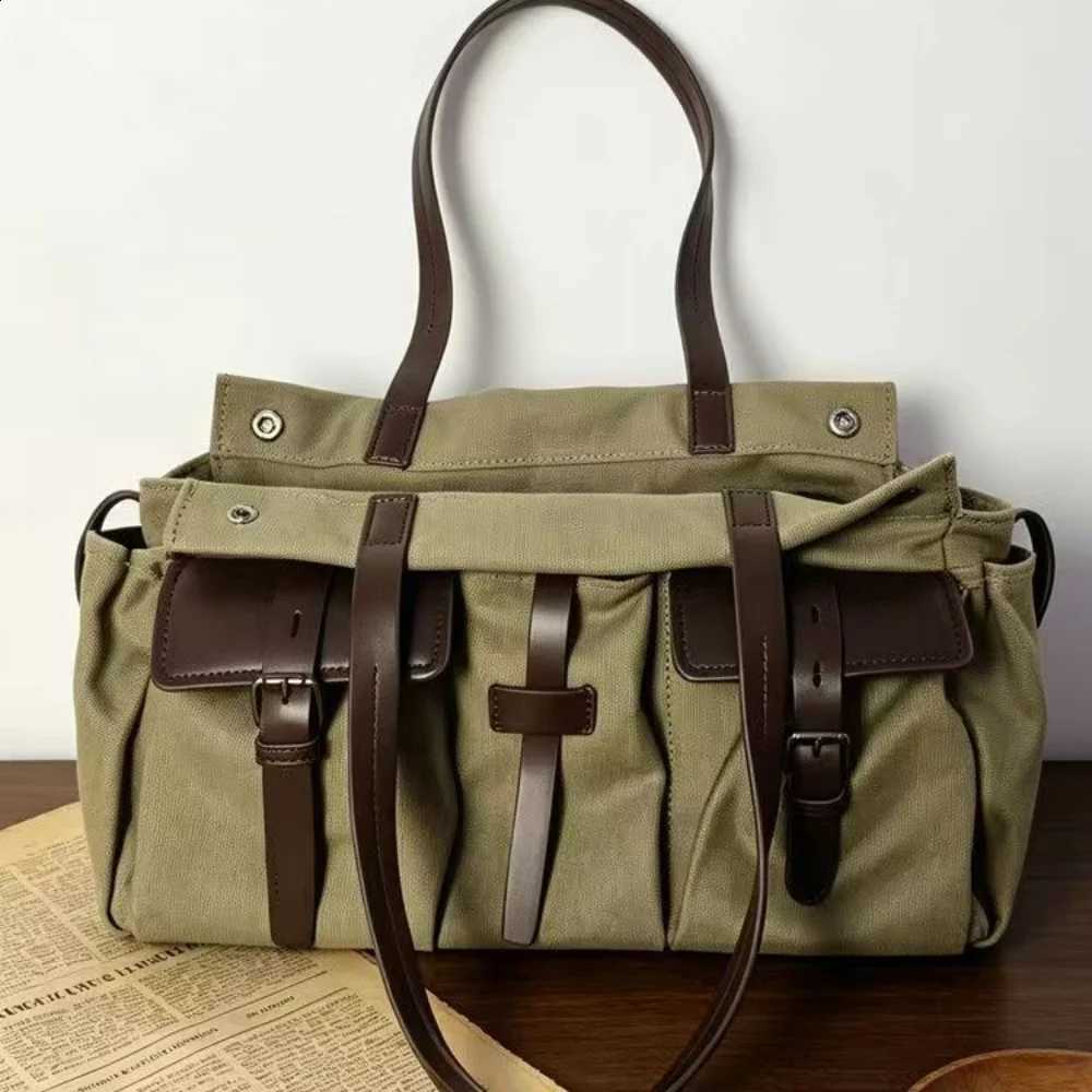 Vintage Canvas Shoulder Tote Bag Women Large Capacity Crossbody Bag Contrast Leather Strap Handbag Casual Travel Work CommuteBag H260916