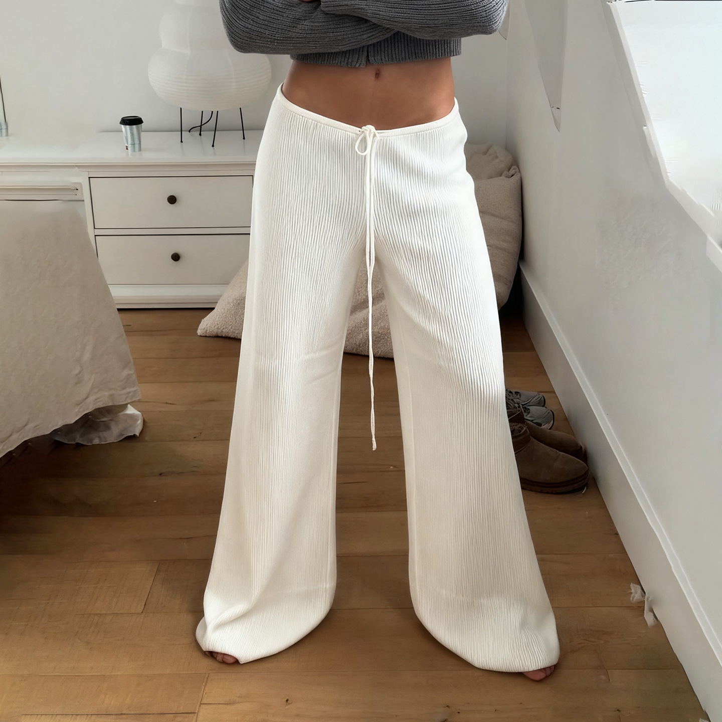 Autumn Foreign Trade Women's Basic Solid Color Ribbed Low Waist Tie Casual Draped Loose Lazy Style Hot Girl Long Pants a6