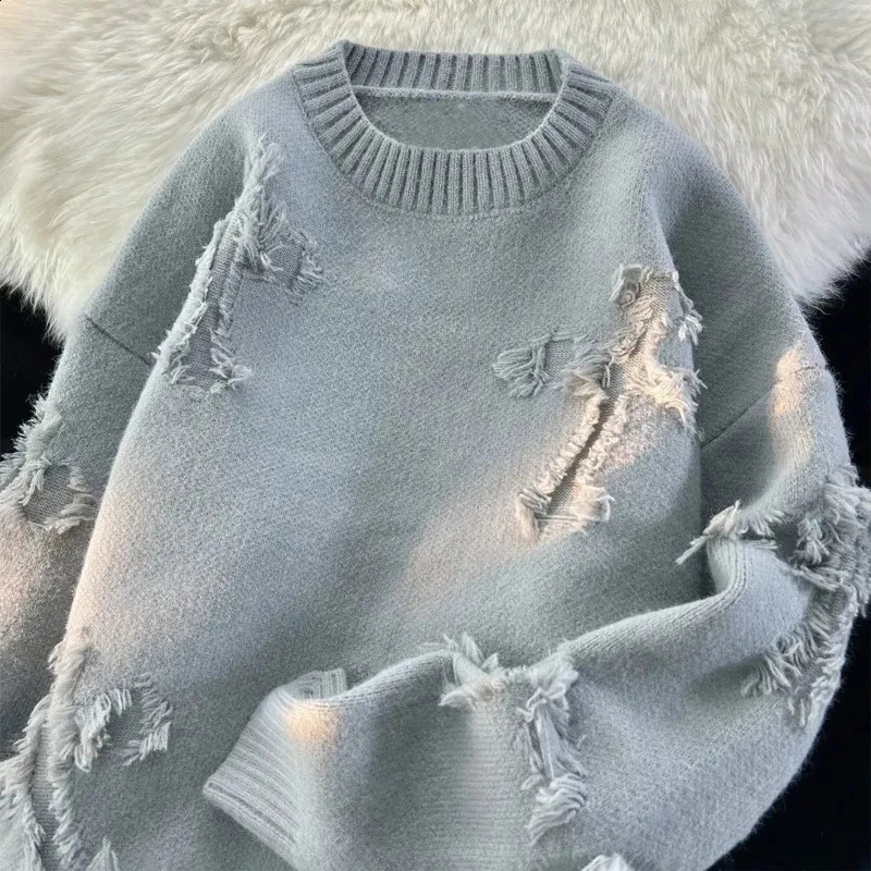 2025 Y2k Streetwear Sweater Men Retro Hole Fringed Loose Versatile Knitwear Pullovers Long Sleeve Jumpers Clothing 260911