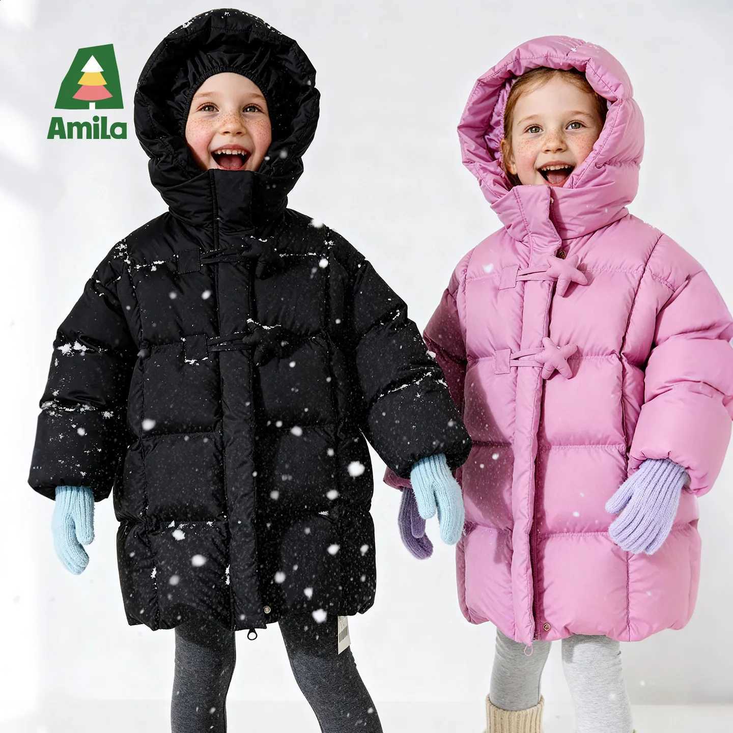 Long Amila Winter Kids 2026 Down Jacket With Duck Down Fill Hoodie Solid Color Star Buckle Design Thick Warm Coat J260917