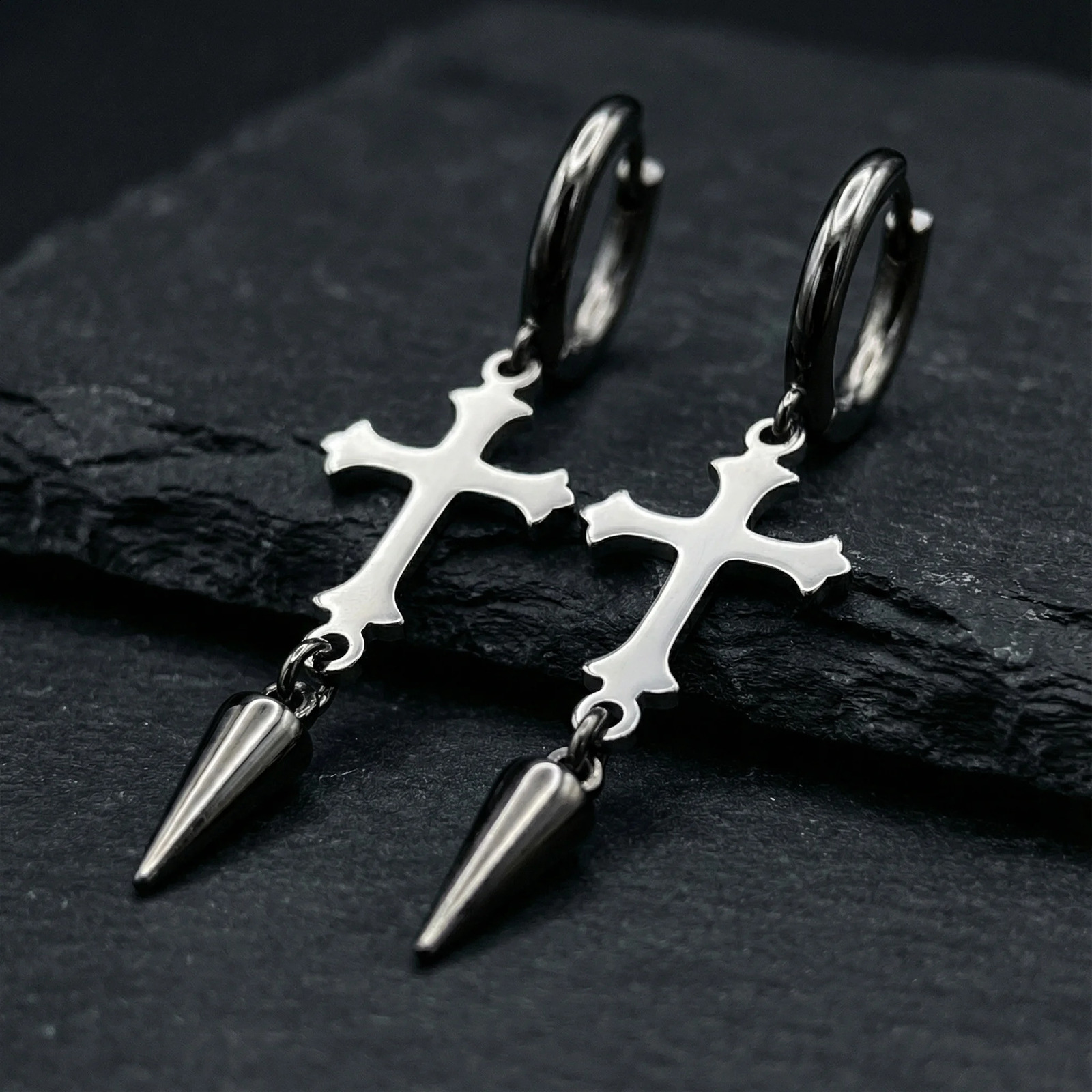 Dark Gothic Stainless Steel Cross Earrings for Men Women Punk Spike Dangle Drop Y2K Emo Jewelry Hip Hop Dance 260916