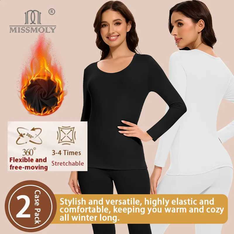 2 PCS Winter Autumn Women Thermal Underwear Long Sleeves Bottoming Shirt Pullover Elastic Casual Solid Soft Basic Thermal Set H260916