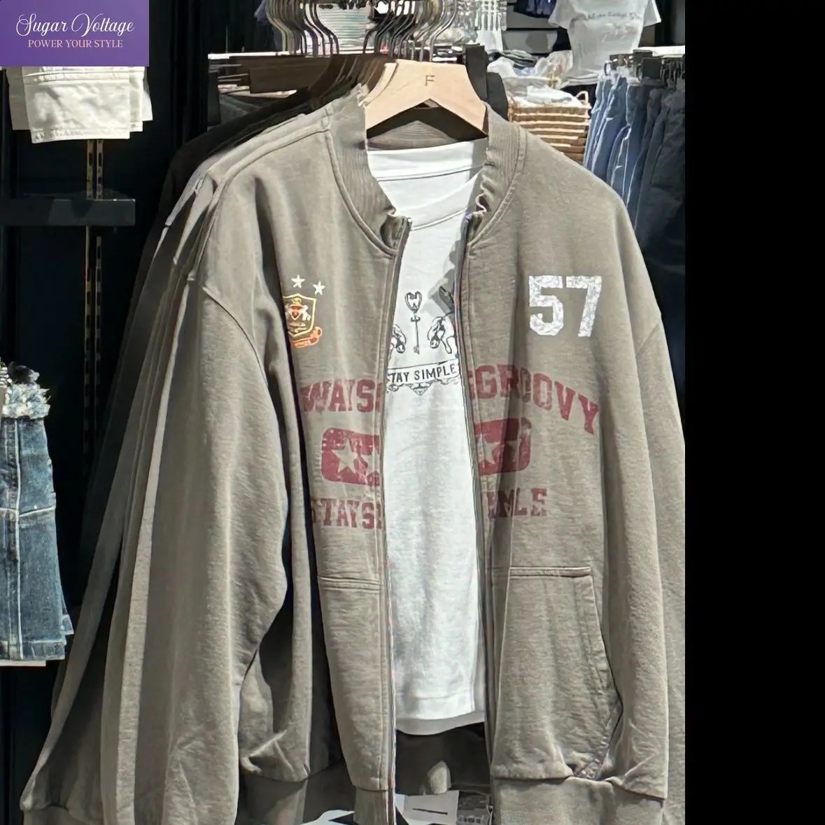 Vintage Retro Campus Bomber Collar Zip Up Hoodie Women Oversized Loose Fit Graphic Print Washed Casual Streetwear Outfit 260917