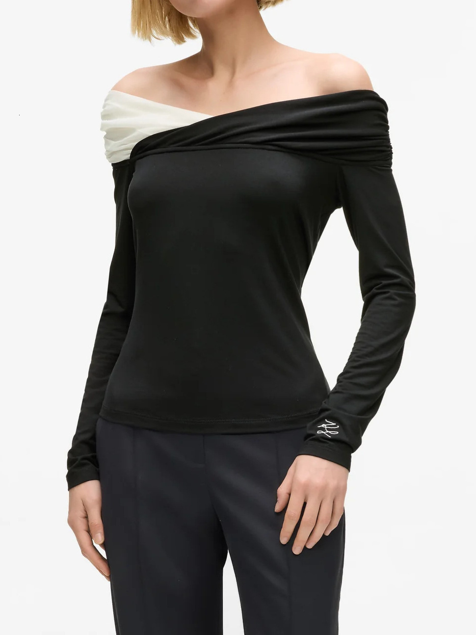 Cross-border autumn winter new design, twisted-knot, off-shoulder, color-block, slimming knit top, niche, pure and alluring, one-shoulder top for wo