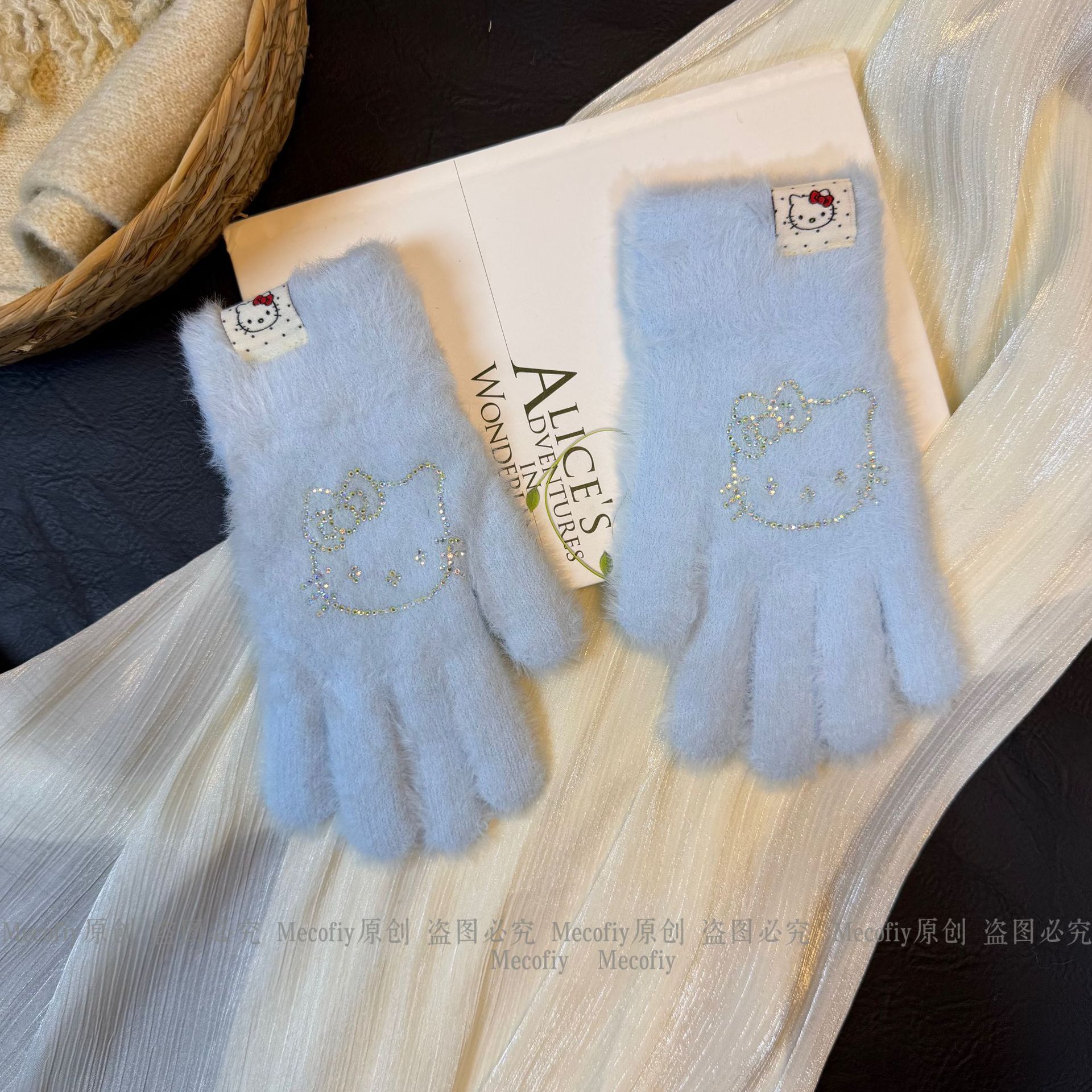 2026 new thickened mink fur winter cycling warm student knitted cute KT cat rhinestone finger gloves