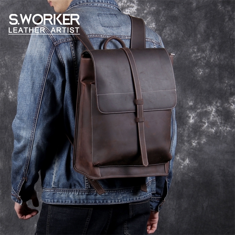 Vintage Genuine Leather Men's Backpack Handmade Top-Grain Leather Laptop Shoulder Bag Crazy Horse Bag Fashion For Man 260916