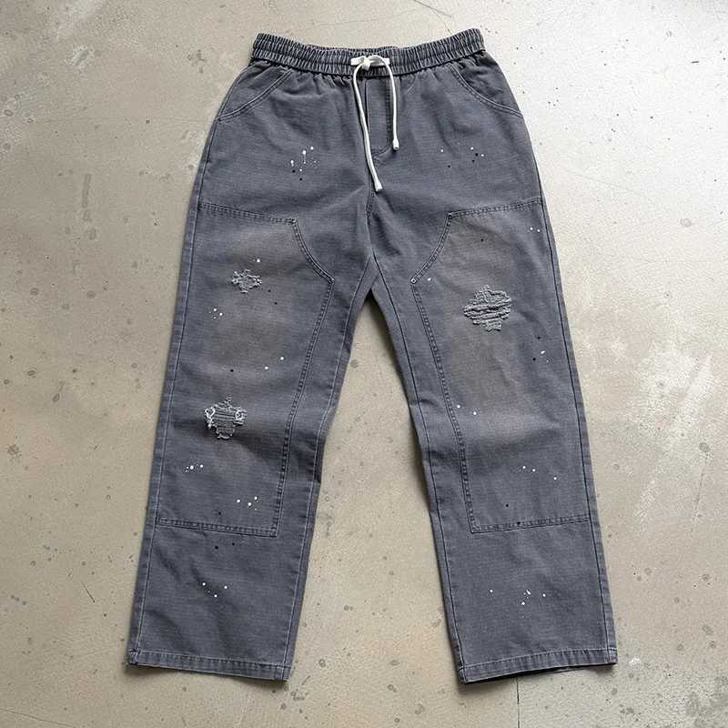 Hip Hop Vintage Damaged Hole Ink-Splashed Saint Straight-Leg Overalls Men Women Top Quty Drawstring Cargo Pants Sweatpants Q260917
